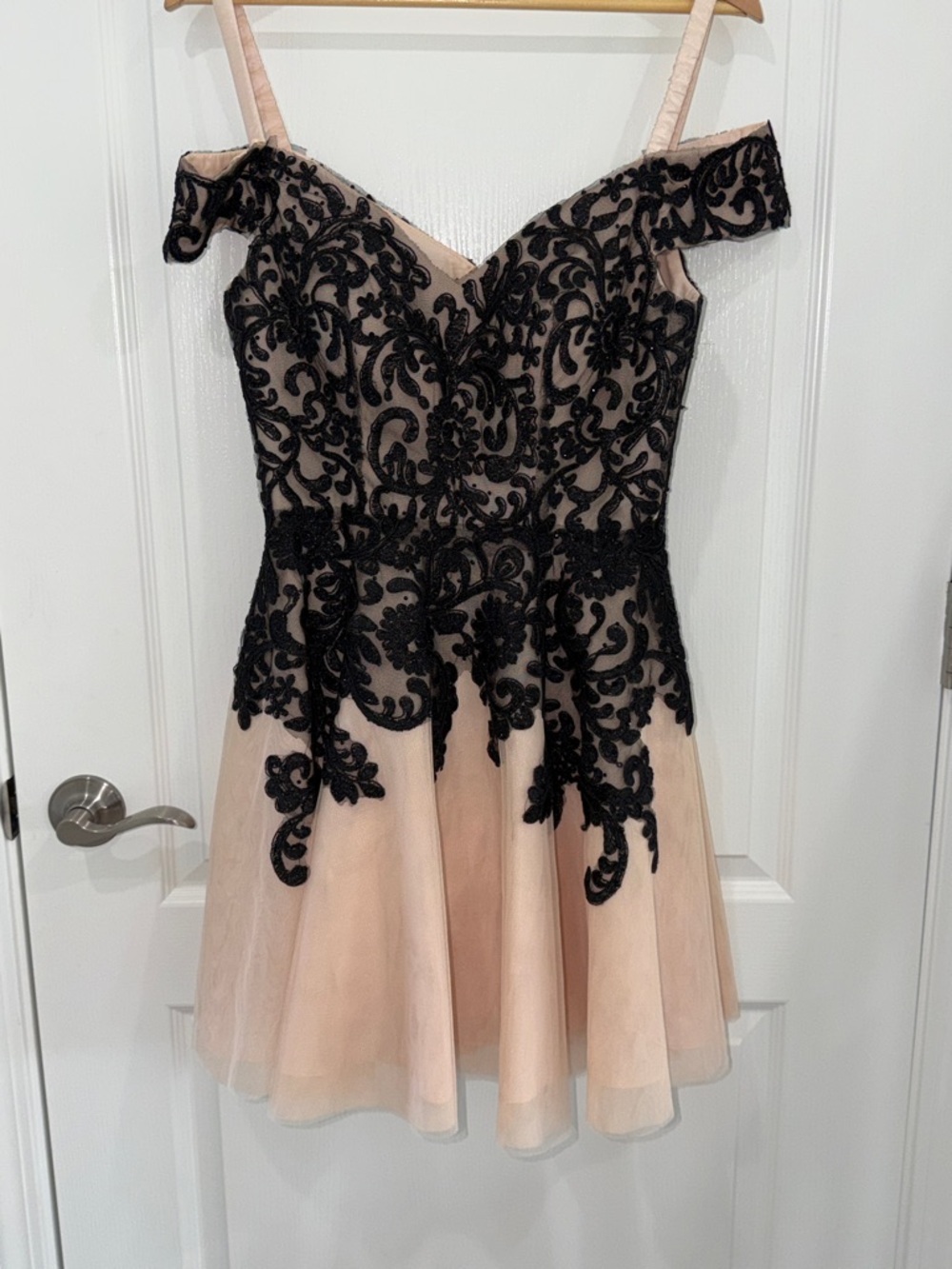 Camille La Vie short cocktail dress with a beige tulle skirt & black lace bodice